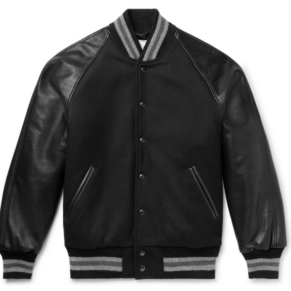 DeLONG Black Letterman Jacket Snap Front Leather Sleeves juniors size XL